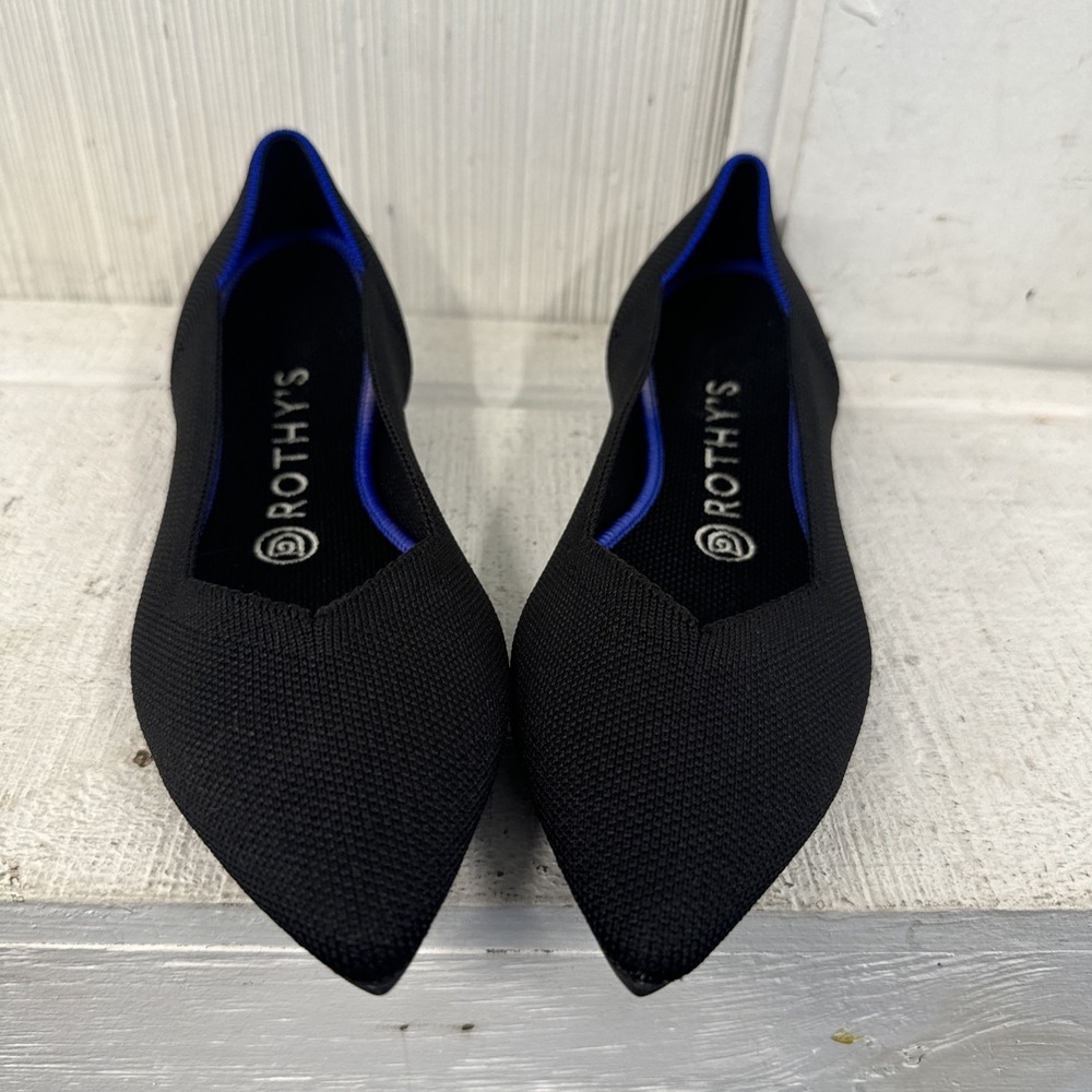 Rothy's The Point Flats Women 7.5 Black Pointed Toe Blue Halo Washable Knit Shoe